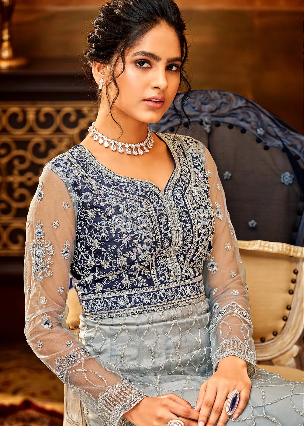 Trendy Grey & Navy Blue Embroidered Wedding Anarkali Gown