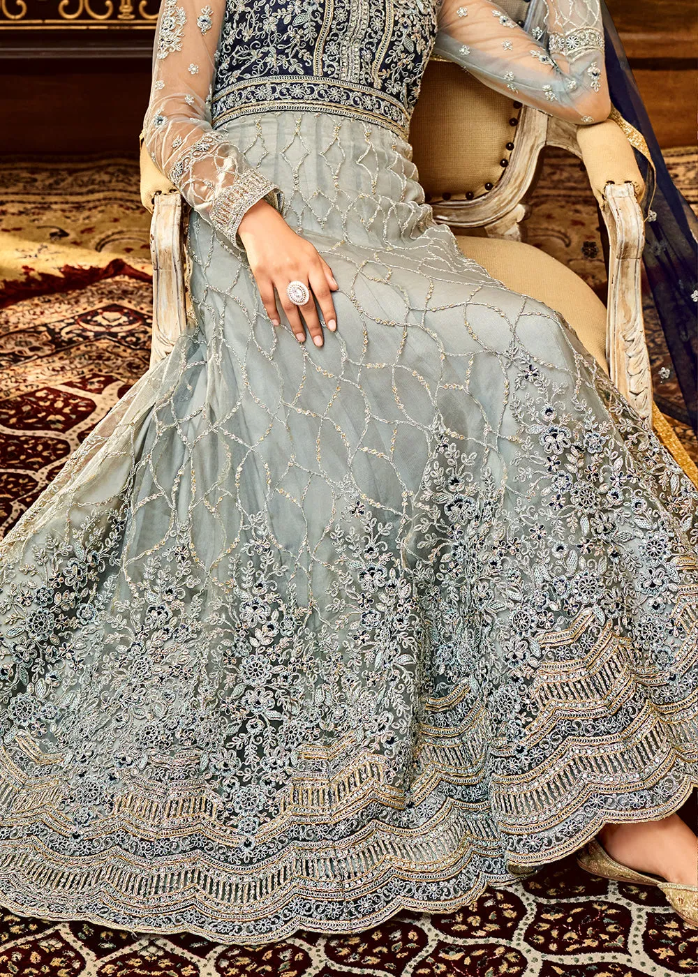 Trendy Grey & Navy Blue Embroidered Wedding Anarkali Gown