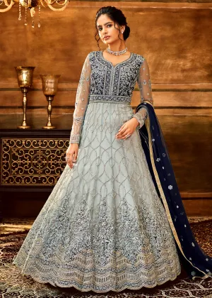 Trendy Grey & Navy Blue Embroidered Wedding Anarkali Gown