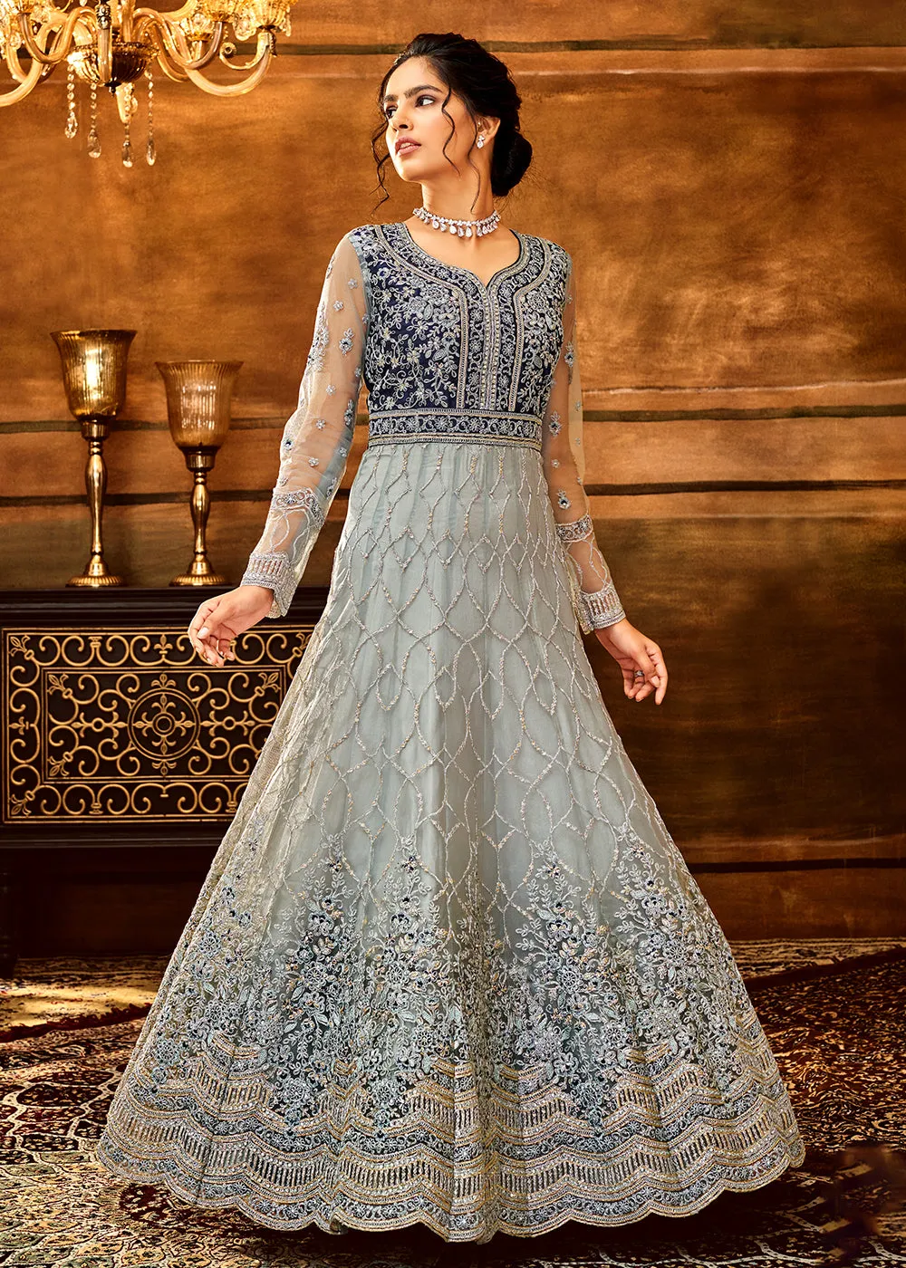 Trendy Grey & Navy Blue Embroidered Wedding Anarkali Gown