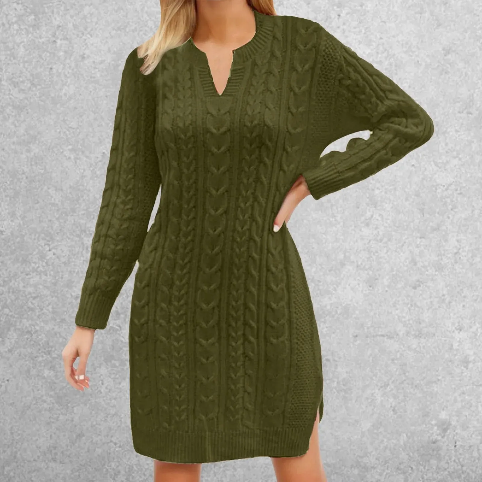 Twist Knit Full-Sleeved Waist Mini Elegant New Casual Fashionable Dress