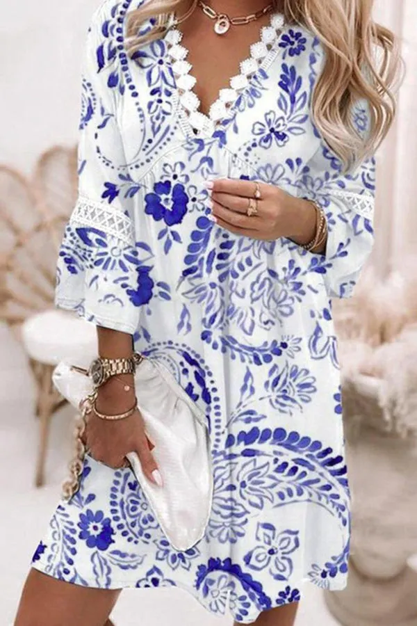 V-neck printed lace stitching bohemian casual holiday dress