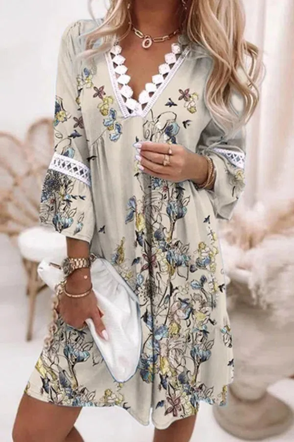 V-neck printed lace stitching bohemian casual holiday dress