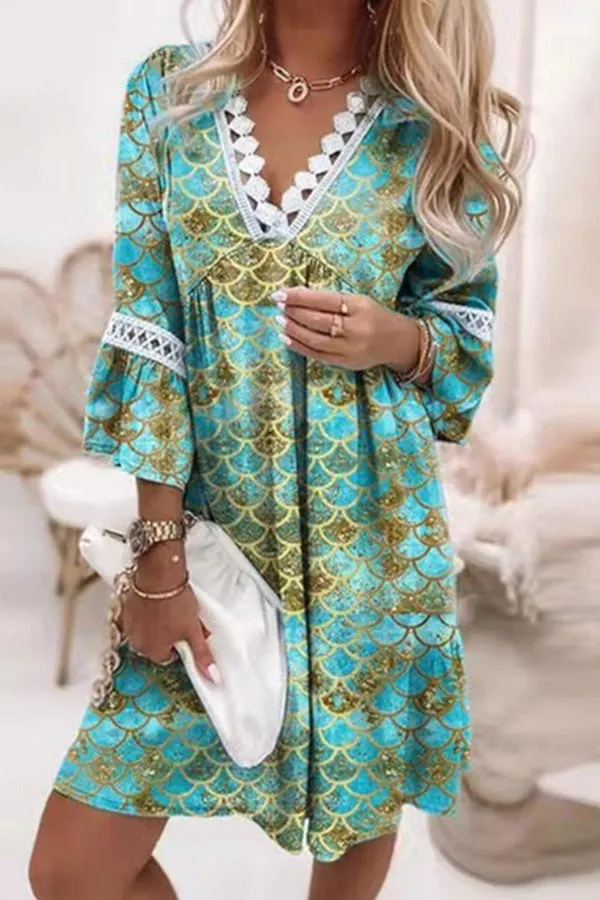 V-neck printed lace stitching bohemian casual holiday dress