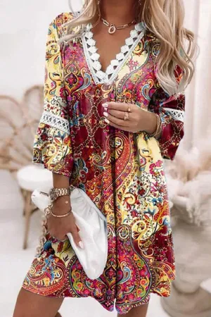 V-neck printed lace stitching bohemian casual holiday dress