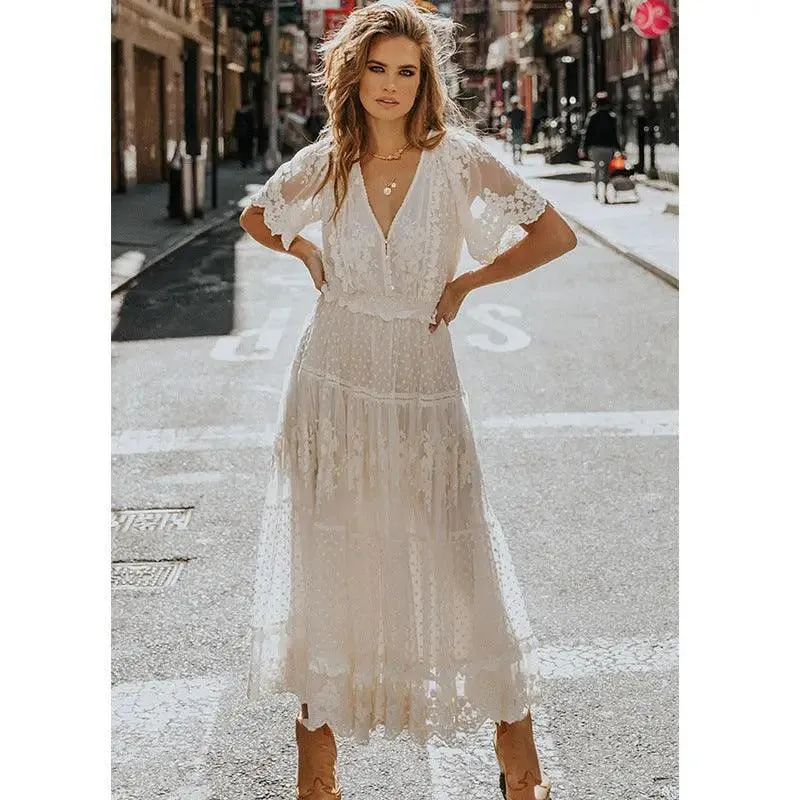 V-neck Short Sleeve Lace Dress Women’s Clothing