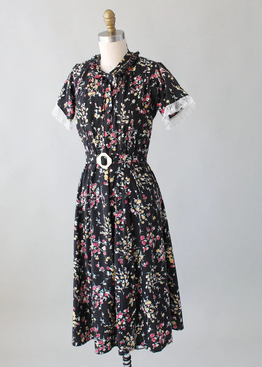 Vintage 1930s Dark Garden Floral Cotton Day Dress