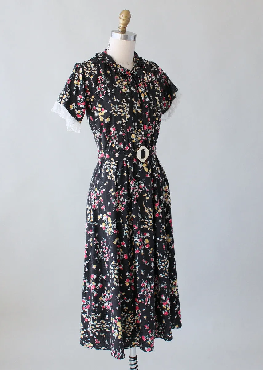 Vintage 1930s Dark Garden Floral Cotton Day Dress