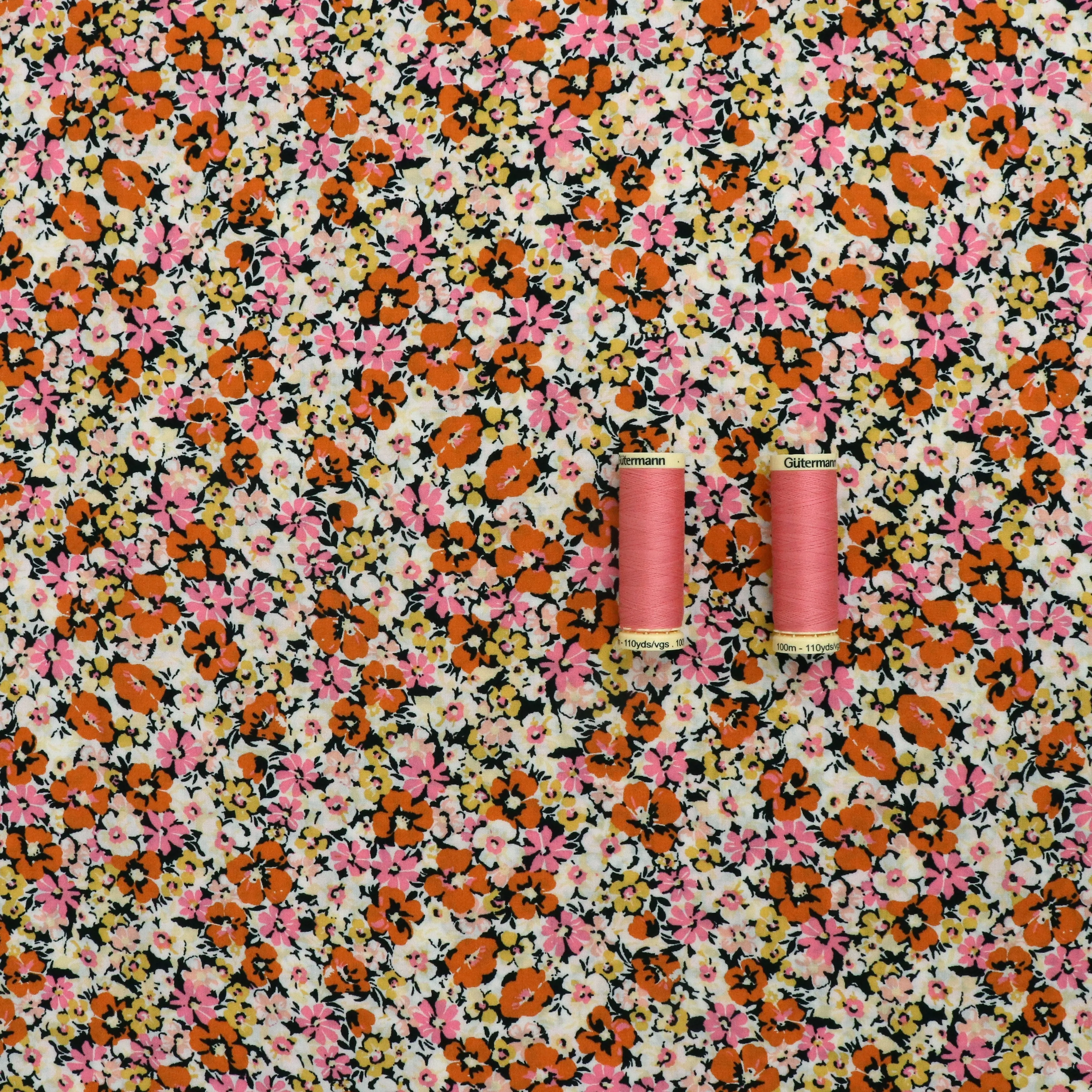 Viscose Lawn - Orange   Pink Floral - END OF BOLT 45cm