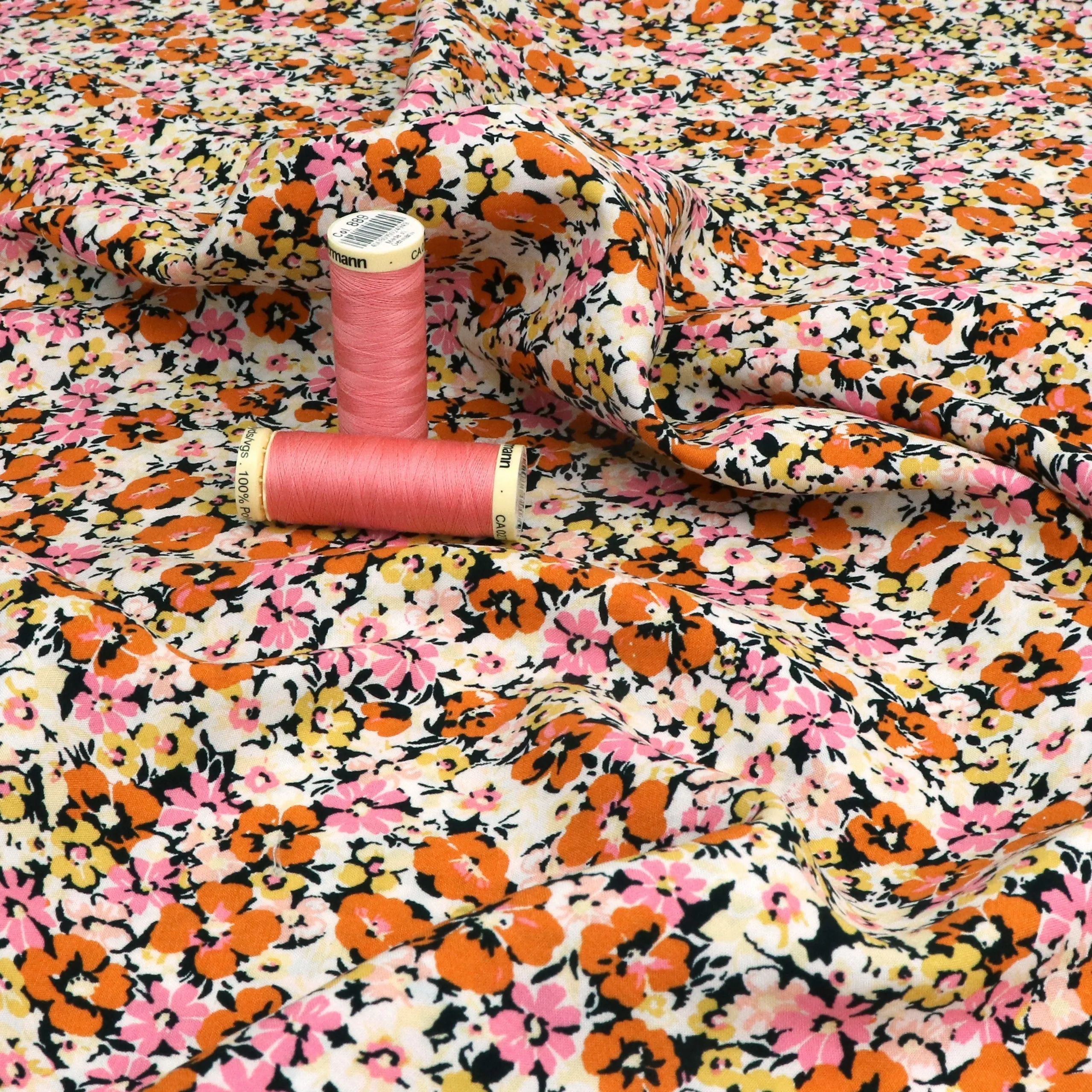 Viscose Lawn - Orange   Pink Floral - END OF BOLT 45cm