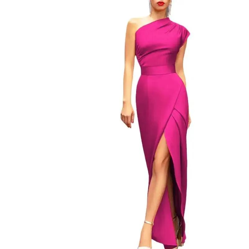 Women’s One-shoulder High Waist Front Slit Temperament Dress